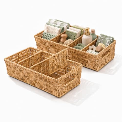 2PCS Rattan Pantry Organizer Baskets with Removable Dividers | Kitchen & Bathroom Storage for Snacks, Coffee, Tea & Pantry Essentials