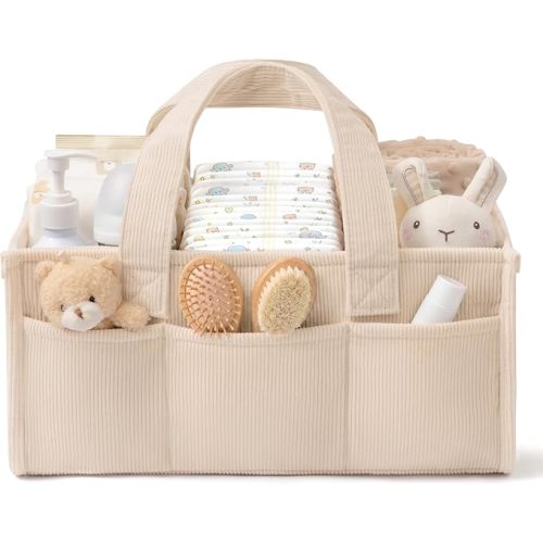 Corduroy Baby Diaper Caddy Organizer with Handles, Nursery Storage Basket