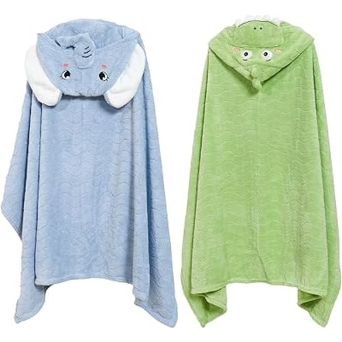 Toddler Hooded Bath Towel 31X47 Unisex Baby Bath Towels Absorbent Soft Boys Girls Bath Towel 2-Pack Bathrobe Kids Shower Towel Set Gift for Babies, Infant, Newborn Essential (Green + Blue)