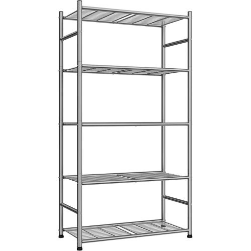 Sakugi Storage Shelves - 5-Tier Metal Storage Shelves with Wall Anchoring Kit & Leveling Feet, Sturdy Steel Shelf Organizer for Kitchen, Laundry Room, Bathroom, 23.6" x 13.7" x 59", Silver