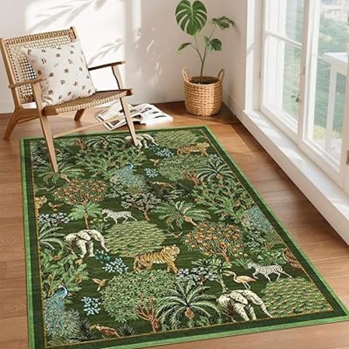GarveeHome Jungle Animal Print Rug 3x5 Washable Area Rugs for Living Room, Forest Rug Non Slip Soft Low Pile Stain Resistance Throw Carpet for Bedroom Kids Playroom Nursery, Dark Green