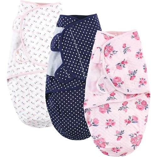 Hudson Baby Unisex Baby Quilted Cotton Swaddle Wrap 3pk, Pink Navy Floral, 0-3 Months