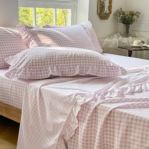 NSNLGSGC Pink Gingham Ruffle Twin Sheet Set, Pink Soft Pre-Washed Microfiber Plaid Twin Bed Sheets, 3-Pieces Farmhouse Sheet Set with Deep Pocket