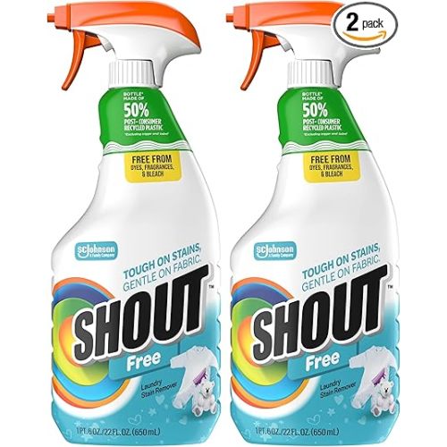 Shout Free Laundry Stain Remover, Active Enzyme Formula is Dye, Fragrance, and Bleach Free, Removes 100+ Types of Stains, including Baby Stains - 22oz Spray (Pack of 2)