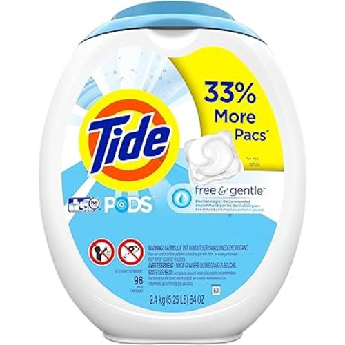 Tide PODS Free and Gentle, Laundry Detergent Soap PODS, HE, 96 Count - Unscented and Hypoallergenic for Sensitive Skin, Free and Clear of Dyes and Perfumes