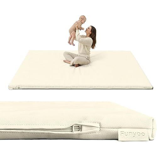 Funyoo Vegan Leather Baby Play Mat, 71x59 Thicken Foam Play Mat for Infants and Toddlers, Padded & Cushioned Playpen Mat for 71x59 Playpens, 1.2" Thick, Cream