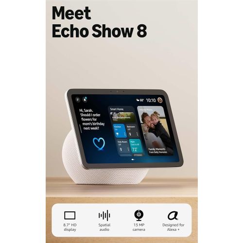 Amazon Echo Show 8 (newest model), Vibrant HD 8.7" display with spatial audio, Designed for Alexa+, Glacier White