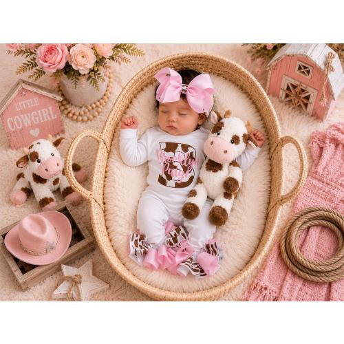 Personalized Cow Print Baby Girl Coming Home Outfit, Custom Newborn Bodysuit Set