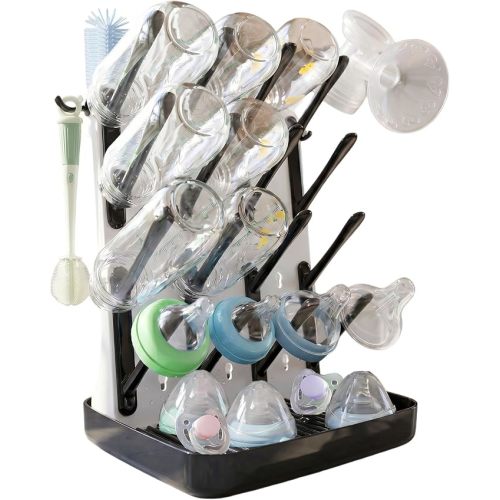 Baby Bottle Drying Rack, Vertical Space Saving Bottle Dryer for Countertop, Holds 12 Bottles, BPA Free Baby Bottle Organizer with Removable Drip Tray for Pacifiers, Pump Parts & Accessories