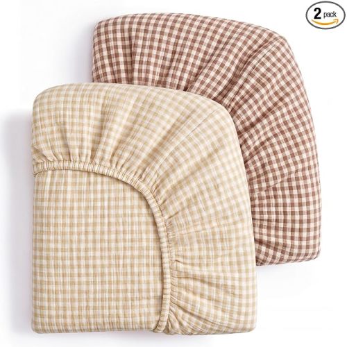 Blissful Diary Muslin Crib Sheets, 2 Pack, Beige Gingham & Brown Gingham | fitted for 52''x28'' crib mattress, soft and breathable cotton, boho style, easy care for machine wash, gift for boy and girl