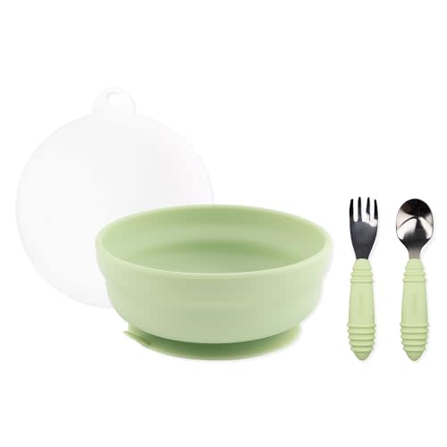 Bumkins - Silicone Grip Bowl, Fork & Spoon & Lid - For Ages 18 Months+ - Suction Base - 100% Food-Safe Silicone - Oven, Microwave, Freezer, & Dishwasher Safe - Green