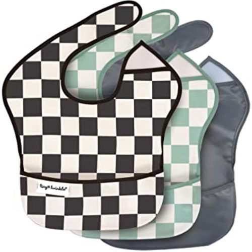 Tiny Twinkle Mess-Proof Baby Bib - Waterproof Bib for Baby Boy or Girl - Machine Washable - Adjustable Closure - PVC, BPA, & Phthalate Free - Great for Travel - Baby Food Bibs (3 Pack, Checkers Boy)