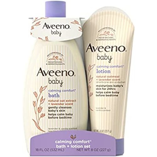 Aveeno Baby Calming Comfort Bath & Lotion Set, Night time Baby Skin Care Products with Natural Oat Extract, Lavender & Vanilla Scents, Paraben-Free, 2 Items