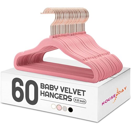 HOUSE DAY Velvet Baby Hangers for Closet, Kids Hangers Velvet 60 Pack, Non Slip Toddler Hanger 11.8 Inch, Durable Childrens Hanger for Newborn Baby Clothes- Blush Pink
