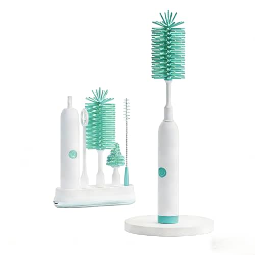 Rechargeable Electric Bottle Brush with Stand - 360° Spin Silicone Cleaner for Baby Bottles, Breast Pumps & Small Household Containers (Light Green)