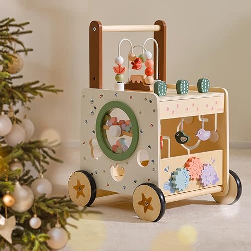 PairPear Wooden Activity Cube Push Walker, 6 in 1 Wooden Baby Walker Montessori Toys for Baby Boys & Girls 12M+, Adjustable Speed Push Cart with Brake Activity Center Toys Learning to Walk