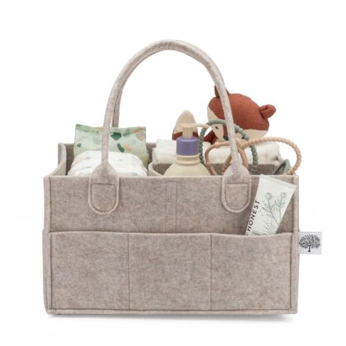 Parker Baby Co. Felt Diaper Caddy Organizer - Regular, Oatmeal | Portable nursery storage bin for diapers, wipes, bottles & baby essentials for home/car. Soft felt, foldable design 13x9x7"