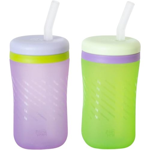 The First Years Silicone Squeeze & Sip Straw Cup - Spill-Proof Toddler Training Cups - Dishwasher Safe - Orange and Blue - 7 oz - 2 Count - Ages 6 Months+