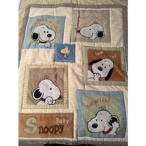 Vtg Lambs& Ivy Baby Snoopy Peek a Boo Comforter + Woodstock Neutral Colors