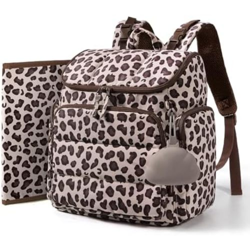 mommore Diaper Bag Backpack, Baby Bag with Waterproof Changing Pad and Stroller Straps for Toddler, Diaper Backpack for Mom Dads with Insulated Pockets & Pacifier Case, Travel Essential, Leopard