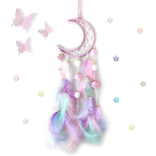 Fun-Plus Pink Dream Catcher Wall Hanging Set - 10 Butterflies & 16 Stars, Boho Room Decor for Girls, Easy Peel & Stick Wall Art for Bedroom, Nursery, Teen Room for Daughter, Birthday, Christmas