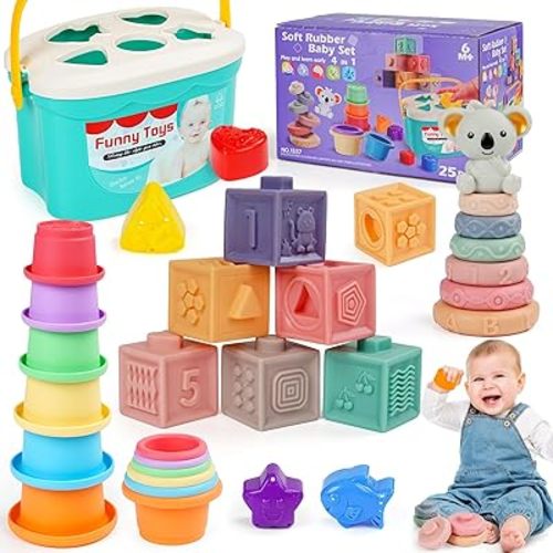 Baby Montessori Toys 6–12 Months, Building Blocks for Baby, Stacking Cups Infant Toys, Shapes for Sorting Play, Sensory Teething Toy for 1 2 3 Year Old Boy Girl
