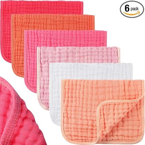 Hicarer 6 Count Muslin Burp Cloths Cotton Baby Burping Rags Large 20 x 10 Inch 6 Layers Spit up Rags Soft Absorbent Multicolor Wash Cloths Diapers for Newborn Baby Girl Boy(Pink Series)