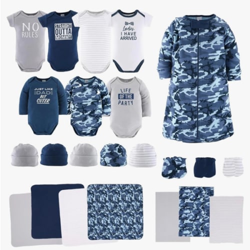 The Peanutshell Baby Layette Gift Set for Boys - 23 Piece New Born Boy Gift Set, Baby Clothes & Newborn Essentials Must Haves - Newborn Clothes 0-3 Months - Blue Camo