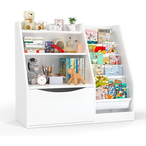 TOETOL Kids Bookshelf & Book Storage,3 Tier Wooden Toddler Bookshelf for Children,Nursery Book Shelves with 6 Sling,Organizer & Book Shelf for Kids Rooms,Bedroom,Playroom White