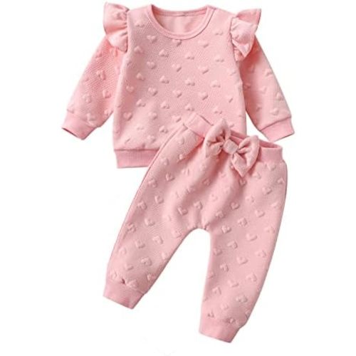 2pcs Baby Girl Love Heart Textured Ruffle Trim Long-sleeve Pullover and Bow Front Pants Clothes Set