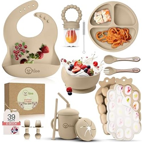 O'doe Baby Weaning Set – 15 Pcs Silicone Baby Feeding Set with Suction Plate, Bowl, Bib, Sippy Cup, Fruit Feeder & Freezer Tray – Baby Plates and Bowls Set for 3M+ | BPA-Free Baby Dishes & Utensils