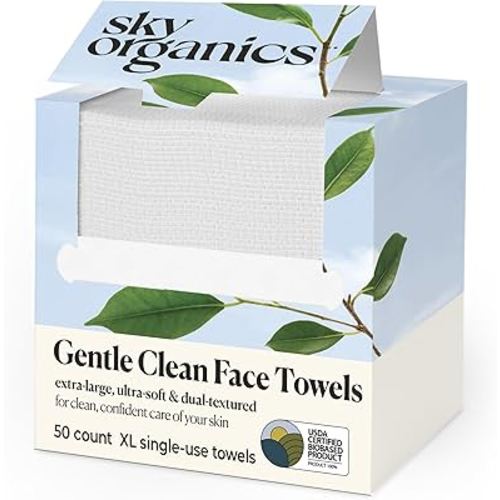Sky Organics - Gentle Clean Face Towels (1-Pack) - 50 XL Single-Use Face Wipes - Ultra Soft & Dual Textured - Disposable Towel - Makeup Remover Wipes - Cruelty Free - Skin Care Tools - Self Care
