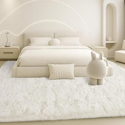 8x10 Area Rugs Living Room, Cream White Large Plush Fluffy Bedroom Carpet, Non-Slip Upgraded Indoor Thick Soft Rug, Modern Plush Carpet Suitable for Kids Home Decor Aesthetics Dorm.