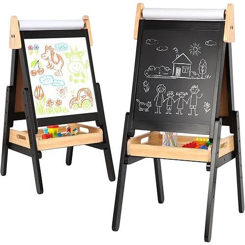 3 in 1 Easel for Little Kids with Wood Tray, Double Sided Wooden Easel with Paper Roll, Magnetic Whiteboard & Dry Erase Black Chalkboard, Height Adjustable Painting Standing for Toddlers Childrens 2-5