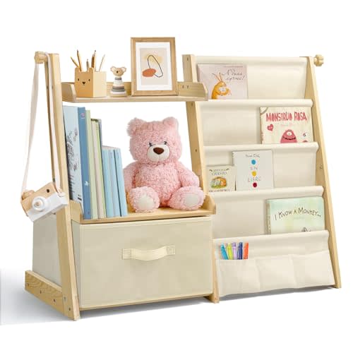 Kids Bookshelf and Toy Organizer 2 in 1,Book Shelf for Kids Room Nursery | with Movable Toy Bin,4 Tier Toddler Sling Book Rack for Bedroom Playroom, Beige