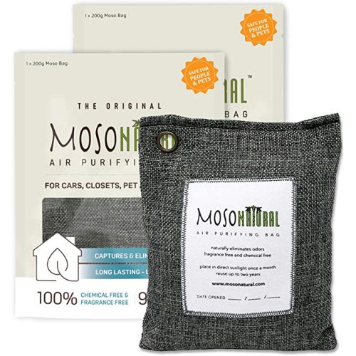 Moso Natural Air Purifying Bag 200g (2 Pack). A Scent Free Odor Eliminator for Cars, Closets, Bathrooms, Pet Areas. Premium Moso Bamboo Charcoal Odor Absorber. (Charcoal Grey)