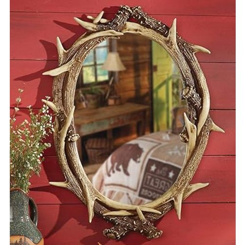 BLACK FOREST DECOR Oval Antler Wall Mirror – Rustic Cabin Lodge Decor with Interlocking Antlers, 20" W x 3.25" D x 26" H