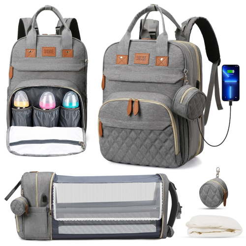 Diaper Bag Backpack, Multifunction Diaper Bag Backpack With Changing Station, USB Charging Port & Foldable Crib, Large Capacity Travel Backpack w/Sunshade&Pacifier Case&Stroller Straps(Grey)