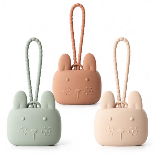 ROCCED Pacifier Holder Case Silicone Bunny Design Pacifiers Pouch with Soft Silicone Strap, Travel Storage for Stroller & Diaper Bag, Pacifier Holder Pouch for Baby, Set of 3 Beige Dusty Green Brown