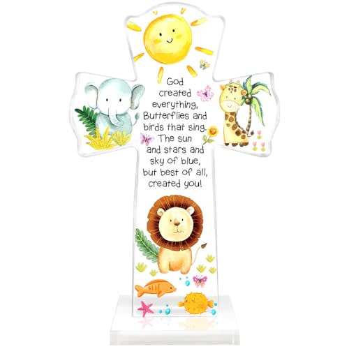 aPamr God Created Everything Standing Crosses for Kids,Baptism Gifts for Boys Girls,Christian Chirldren Acrylic Cross for Nursery Decor,Standing Crosses for Kids