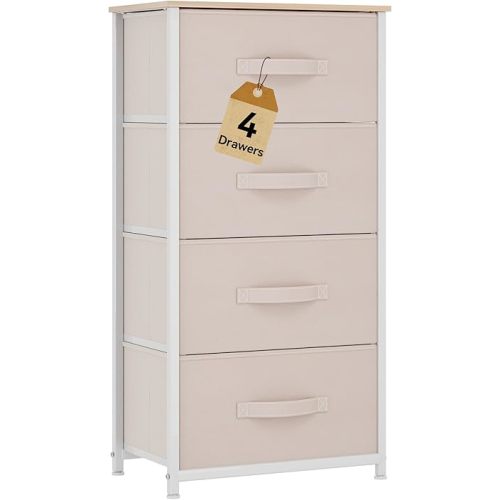 DWVO Storage Tower with 4 Drawers - Fabric Dresser, Organizer Unit for Bedroom, Living Room, Closets - Sturdy Steel Frame, Easy Pull Fabric Bins & Wooden Top (Cream White)