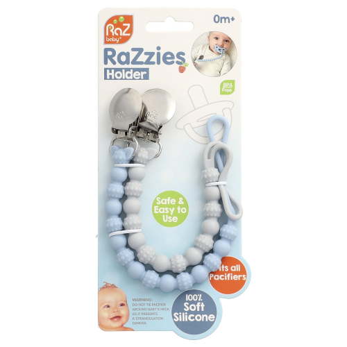 RaZbaby RaZzies Silicone Pacifier Holder (2-Pack) Universal & Lightweight for Most Pacifiers & Teethers | Blue/Grey