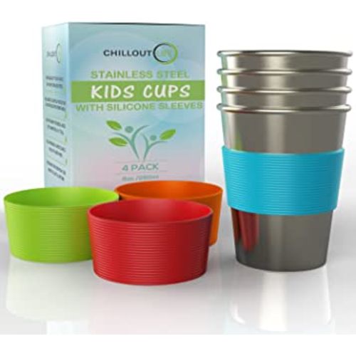Stainless Steel Cups for Kids and Toddlers 8 oz. with Silicone Sleeves - Small Metal Cups for Home & Outdoor Activities, BPA Free Healthy Unbreakable Premium Metal Drinking Glasses (4-Pack)