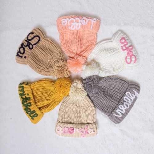 Hand Embroidered Knit Beanie,Toddler Winter Hat,Newborn Name Beanie,Baby Girl Beanie,Girl Hat Pom Pom,Baby Winter Hat with Embroidered Name