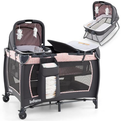 INFANS 4 in 1 Pack and Play, Portable Nursery Center for Baby Kid Infant, Travel Playard with Bassinet, Mattress, Diaper Changer, Bag, Toys, Music Box, Storage Basket (Pink)