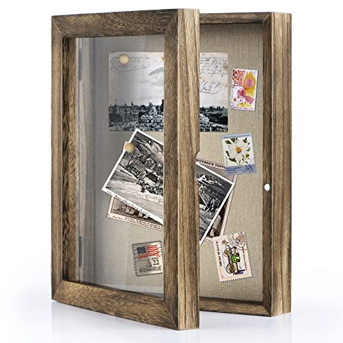 Love-KANKEI 8x10 Deep Shadow Box Frame,Solid Wood Frame,Carbonized Black | Front-Opening Glass Magnetic Door,Linen Back,Assembly-free,Tabletop & Wall-Mount,Memory Box,Gift,Display Photos,Awards,Medals