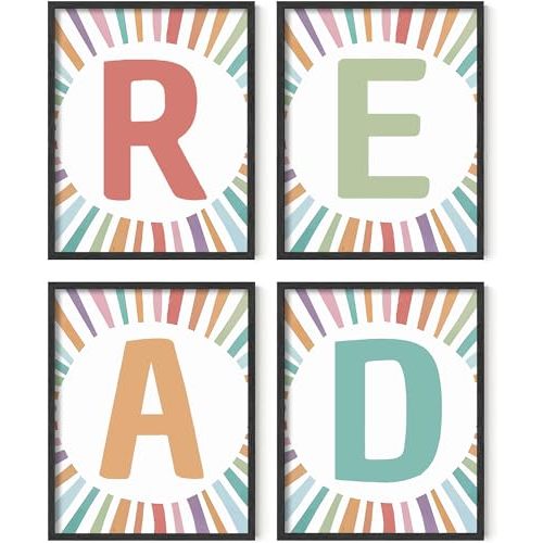 Boho Neutral Read Letters Wall Art Prints,Trendy Boho Preppy Pink Circle Rainbow Stripes Posters for Classroom Reading Corner Kids Room Bedroom Library Decoration,Set of 4(8''x10''inches,Unframed).