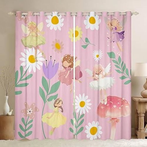 Erosebridal Girls Pink Fairy Curtains Drapes,Cute Floral Fairy Curtains for Kids Bedroom Decor,Mushroom Flower Curtains Colorful Princess Window Curtains 2 Panels 38" Wx45 L