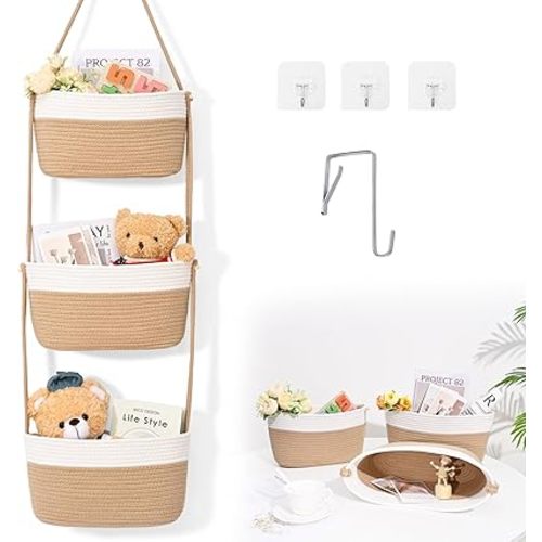 Hanging Basket, 3-Tier Wall Baskets, Over the Door Organizer with 4 Hooks, Hanging Baskets for Organizing, Woven Storage Basket Behind the Door for Nursery, Bedroom, Living Room, Kitchen
