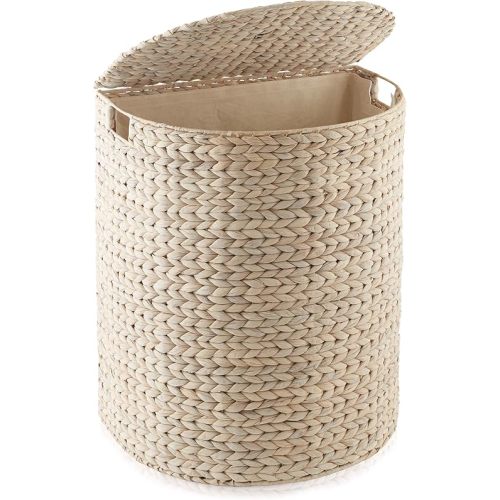Casafield Half Moon Laundry Hamper with Lid and Removable Liner Bag - Whitewash, Woven Water Hyacinth Laundry Basket for Clothes and Towels